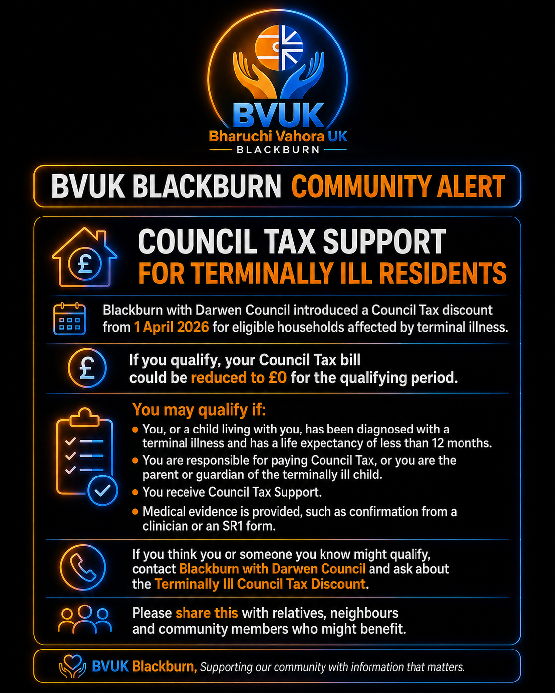 BVUK Blackburn community alert poster about Council Tax support for terminally ill residents in Blackburn with Darwen