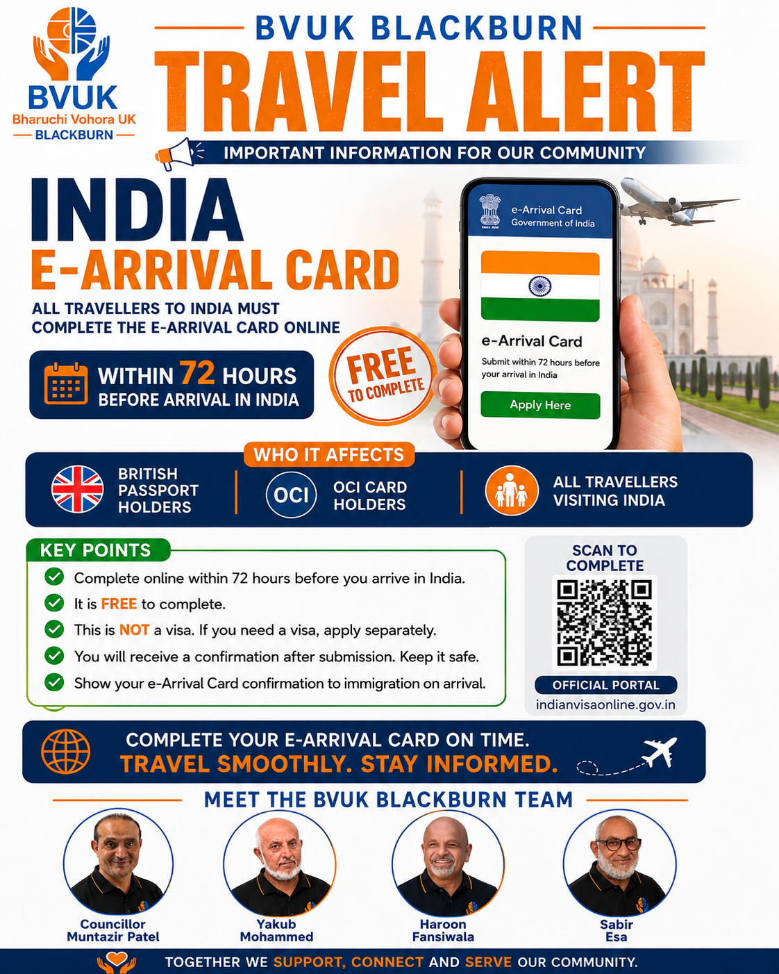 BVUK Blackburn travel alert poster explaining the India e-Arrival Card requirement